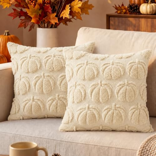 2 Stück Herbstdeko Kissenbezug 50x50cm,Herbst Dekokissen Kissenhülle,Kürbis Kissenbezug,Cremefarben Kürbisse Herbst Kissenbezüge,Sofakissen Herbstdeko für Innen Auto Sofa Schlafzimmer Wohnzimmer