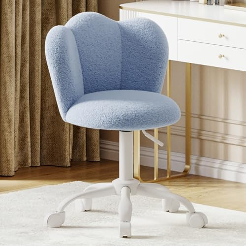 Luxstein Boucle Office Desk Chair, Height Adjustable Swivel Vanity Chair with Thickened Cushion for Home Office Bedroom Dressing Room Study, Blue
