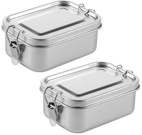 Juego de 2 cajas Bento de acero inoxidable, 850 ml, a prueba de fugas, cajas de almuerzo reutilizables con clips de bloqueo, portátil y apto para lavavajillas
