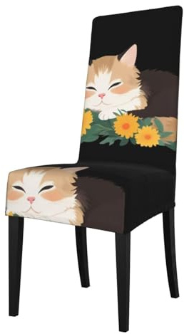 YYHWHJDE Copertura protettiva per sedia da pranzo con gattino che fa un pisolino davanti ai fiori. Modello morbido, confortevole, elastico, per la maggior parte delle sedie senza braccioli