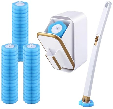 Set di 51 scopino usa e getta per WC, sistema di pulizia del WC monouso, supporto da parete con contenitore portaoggetti e 48 testine di ricambio per scopino WC, per casa, bagno, cucina