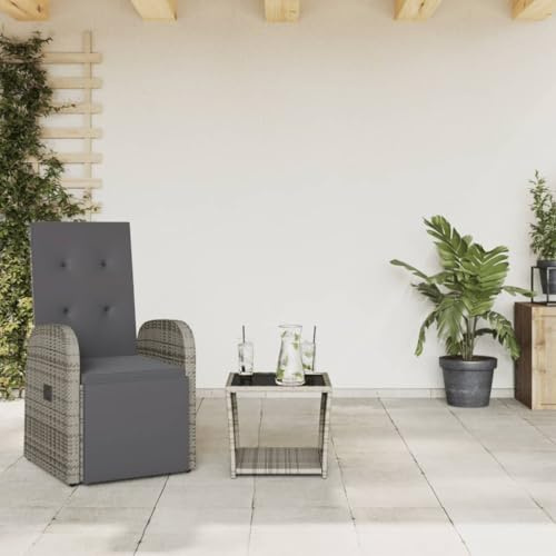 QJBSAVVA 2-TLG. Poly-Rattan Garten-Essgruppe Grau mit Verstellbarer Rückenlehne und Robustem Glas-Tisch 45 x 45 x 40 cm Modernes Design und Langlebigkeit für Balkon Terrasse und Camping
