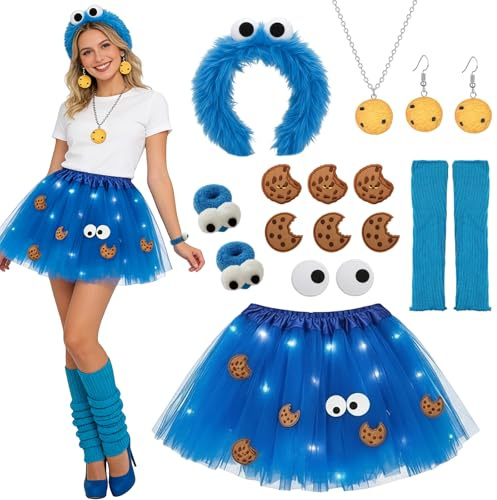 Krümelmonster Kostüm Damen mit Tüllrock Blau, Monster Haarreif & Armband Monster Halskette & Ohrringe, Blaue Beinstulpen, Augen Keksaufkleber Lustig für Halloween Karneval Fasching Cosplay Accessoires