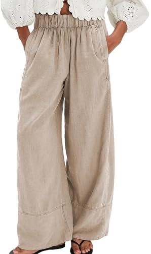 SeeLuNa Linen Pants for Women Cotton Baggy Boho Casual Palazzo Pants Wide Leg Long Lounge Trousers with Pockets(Khaki, M)