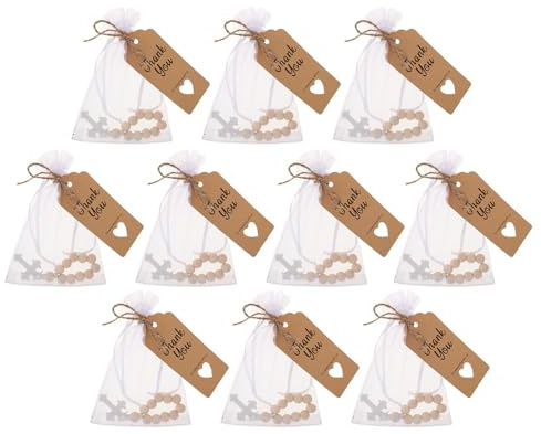 HEALSOPTHY 10 Set Rosari Battesimali in Legno Massello Croce Liscia, Bomboniere per Battesimo Sacchetto in Organza, Rosario Cattolico per Preghiera e Prima Comunione