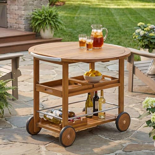 Christopher Knight Home Paley Outdoor Bar Cart with Foldable Tabletop and Wheels, Acacia Wood Outdoor Bar Table with Removable Trays, Rolling Serving Cart for Patio, Deck & Backyard, Teak