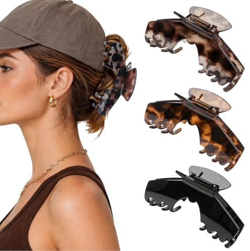 Radiella 3 Stück Haarklammern Damen, Große Haarklammer für Baseball Kappen, Rutschfeste Haarspangen Damen Groß, Starker Halt Haarspange Dickes Haar Set, Trucker Mützen Zubehör(Leopard Schwarz)
