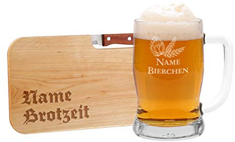 Leonardo Bierseidel und Frühstücksbrettchen mit Gravur des Namens als tolles Brotzeit-Set