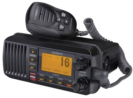 Uniden UM435BK Advanced Fixed Mount VHF Marine Radio, All USA/International/Canadian Marine Channels including new 4-Digit, CDN “B” Channels, 1 Watt/25 Watt Power, Waterproof IPX8 Submersible, Black