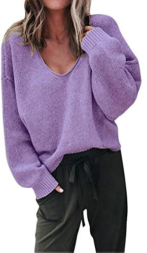 ShallGood Chandail Barboteuse Sexy Femme Pull Manche Longue Sweater Manteau Col V Tunique Tricot Chemisier Mode Hiver Casual Automne Tissu Bouton Tops Violet FR 38
