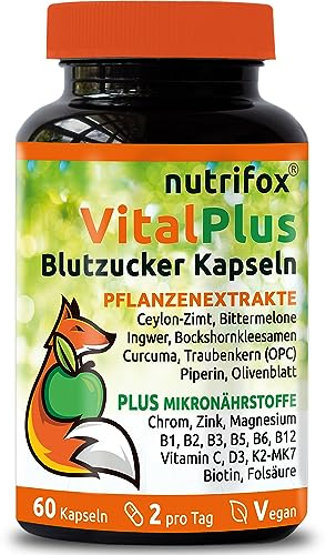 Nutrifox® - 60 Blutzucker Kapseln Vital Plus (Ceylon-Zimt, Chrom, Zink, OPC, Bittermelone, Bockshornkleesamen, Kurkuma, Ingwer, Vitamin B-Komplex, usw.) 1 Monat, von Beratern für Diabetes