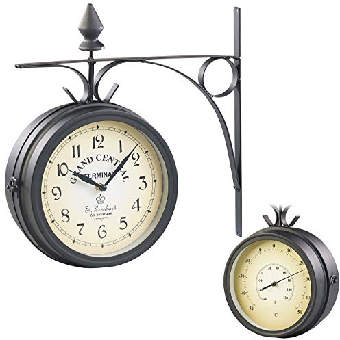 St. Leonhard zweiseitige Uhr: Zweiseitige Retro-Bahnhofsuhr mit Temperaturanzeige und 12 Vogelrufen (Doppelseitige Bahnhofsuhr, mit Thermometer, doppelseitig)