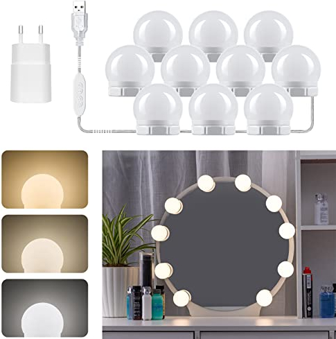Akynite Spiegelleuchte Hollywood 10 LED Birnes mit Adapter, 3 Farbwechsel & 10 Helligkeit, Spiegellampe USB mit Schalter und Kabel, Spiegel Beleuchtung Dimmbar für Schminktisch Kosmetikspiegel