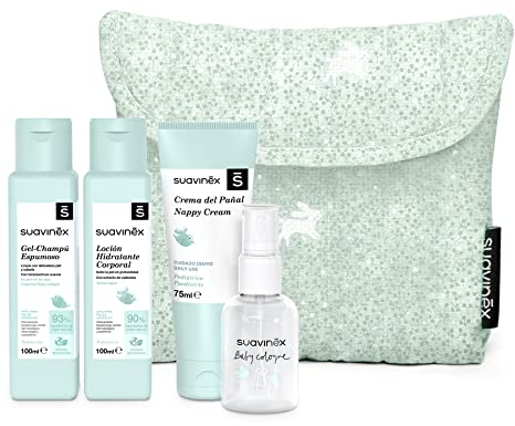 Suavinex Beauty Case da Viaggio in Stoffa - Kit idea regalo neonato con 4 prodotti - Baby Cologne, Lozione Idratante, Crema Cambio Pannolino e Shampoo - Azzurro