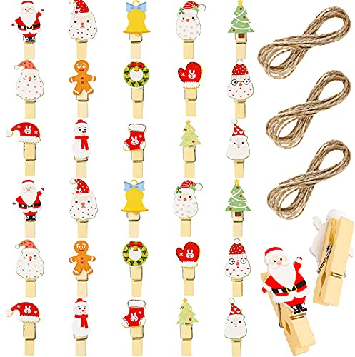 Kiiwah 30 Stück Weihnachten Holz Wäscheklammern Clips, Kleine Dekoklammern Holzklammern Für Weihnachten und Adventskalender Dekoration