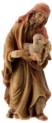 Holyart Hirtin mit Lämmern Holzfigur für Matteo-Krippe Grödnertal, 12 cm