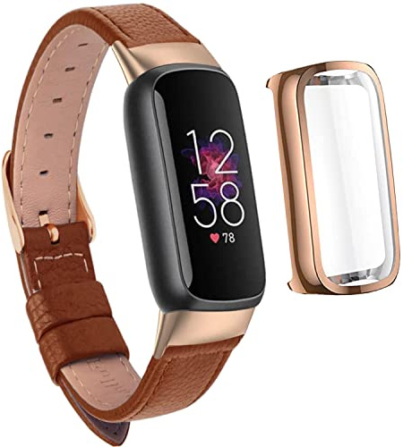 Compatible for Fitbit Luxe Watch Band, Elegant Slim Leather Strap Wristband, Soft Bracelet Replacement for Fitbit Luxe Fitness, Screen Protector Compatible with Fitbit Luxe