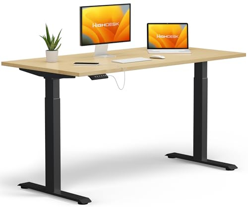 KRIEG HighDesk Basic Höhenverstellbarer Schreibtisch 160 x 80 cm I Schwarz + Ahorn - Elektrischer Sitz- & Stehtisch mit Tischplatte - Stehschreibtisch Elektrisch Höhenverstellbar