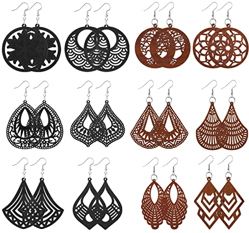 12 Paar Holzohrringe Damen Afrikanische Boho Hängeohrringe Leichte Tropfenohrringe Schmuck Natürliche Holz Ohrringe Hängend für Damen Mädchen