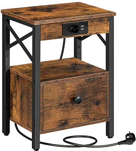 HOOBRO Nachttisch mit Ladestation, Beistelltisch mit Klappschublade, Nachtschrank mit USB-Anschlüsse und Steckdose, Nachtkommode für Schlafzimmer, Vintagebraun-Schwarz EBF128CBZ01G1