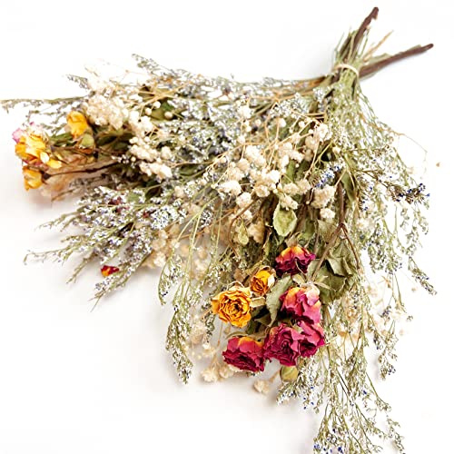 L'BREVOGA Dried Flower Spray Rose Bouquets, 2 Bunches 100% Natural Flowers, Miniature Roses with Baby’s Breath for Decoration Home Party (Spray Rose)
