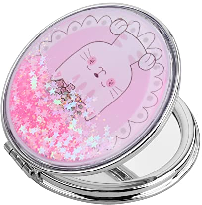 Specchio Tascabile Rotondo Specchio Compatto Specchio da Viaggio Portatile Specchio Pieghevole Ingranditore per Donne Uomini Borsa per il Trucco Borsa a Mano Tavolo da Ufficio 7*7cm (Gatto Rosa)