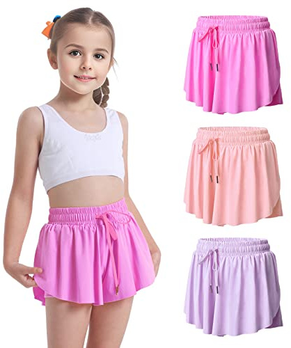 Paquete de 3 Pantalones Cortos fluidos 2 en 1 con Falda de Mariposa con Bolsillos para Baile, Escuela, Correr, Gimnasio, Fitness, Dormir, Morado Claro, Rosa y Rosa, 10-12 años