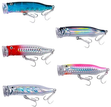 5 Stück schwimmende Köder, Topwater Popper Angelköder, Barsch, Angelköder für Hecht, Lachs, Blaufisch, 7,2 cm/9,4 g, Blau