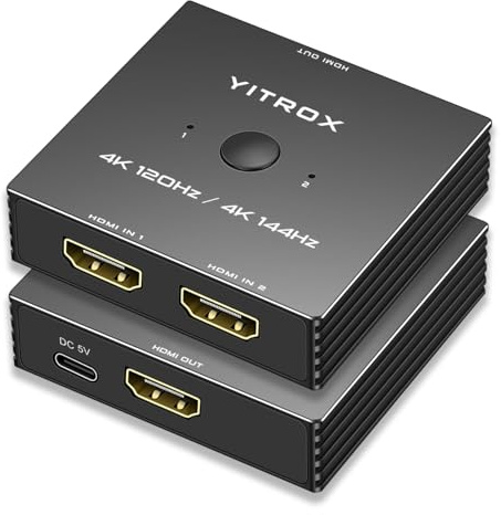 HDMI-Switch 4K @ 120Hz, 4K @ 144Hz, HDMI Switcher Splitter 2 in 1 Out, Aluminiumgehäuse, kompatibel mit PS4, PS5, Xbox, Fire Stick, Apple TV, Roku, PC, TV