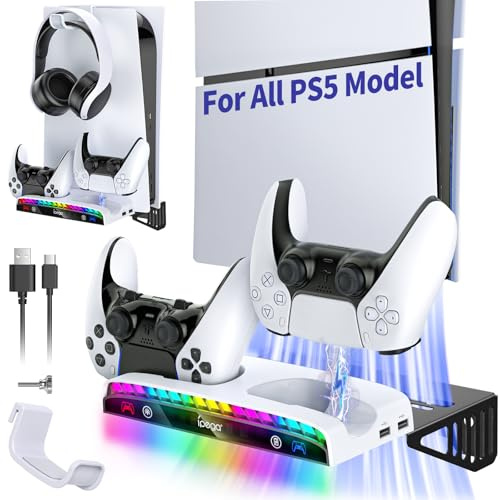 Auarte Playstation 5 Pro/Slim/Original Wandhalterung, PS5 Controller Ladestation mit Headset Halterung, PS5 Pro Slim Standfuß mit RGB-Licht, Playstation 5 Standfuß mit 3 USB-Ports für PS5 Zubehör