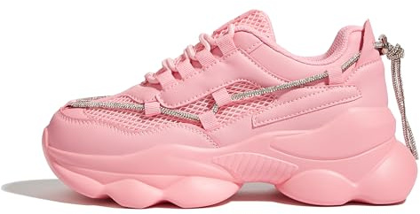 LUCKY STEP Women's 90s Chunky Sneakers Sparkly Bling Rhinestone Rope Platform Casual Thick Dad Rave Walking Shoes(Hot Pink,10 B(M) US)