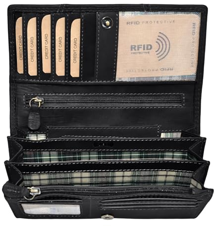Benthill Portemonnaie Damen Leder - Hochwertige weiche Vintage Echtleder Damen Geldbörse mit RFID Schutz - Grosse Damenbörse lang - Frauen Portmonee inkl. Geschenkbox, Farbe:Schwarz