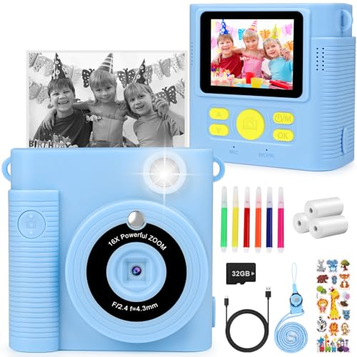 Appareil photo instantané pour enfants, appareil photo numérique, écran de 2,4 , avec 3 rouleaux de papier d'impression, carte de 32 Go, 6 stylos colorés, 4 autocollants, cadeaux pour enfants de 3 à