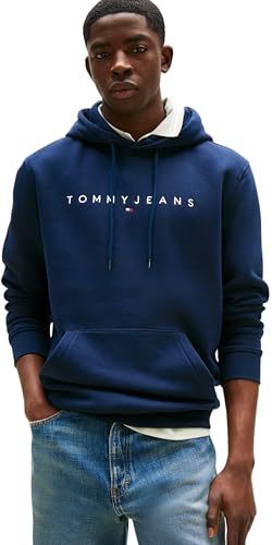 Tommy Jeans herr TJM REG LINEAR LOGO HOODIE EXT DM0DM20746C1G006 pullover huvtröja, blå (mörk natt marinblå), XXL, Blå (mörk natt marinblå), XXL