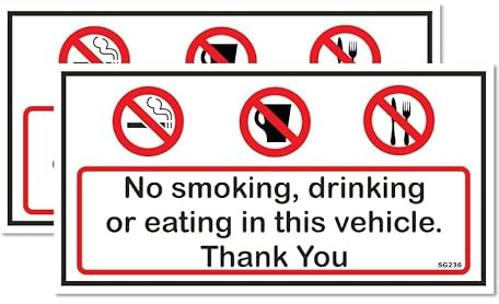 2 PACK - Small 120mm X 60mm NO SMOKING EATING OR DRINKING IN THIS VEHICLE Self Adhesive Stickers - Water Proof - Taxi, Cab, Hire, Sign, Notice, Decal, Warning, Smoking, Banned SG236