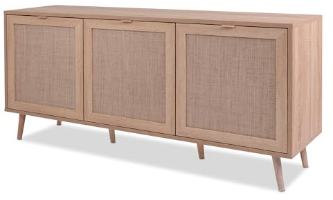 KHG Sideboard hell-braun, Tür, für Stauraum und Ordnung, für den Alltag | mit 3 Türen modern Eiche-Optik, Kommode aus Holzwerkstoff Rattan-Optik, Gestell aus Massivholz, 150x71x40 cm (B/H/T)