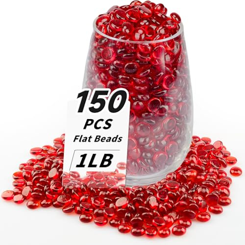 Foncomy 1 LB Red Flat Glass Beads, 150 PCS Small Glass Marbles, Mini Flat Round Pebbles for Vase Filler and Floral, Fish Tank Rocks Decorative Gemstones for Home and Aquarium Décor