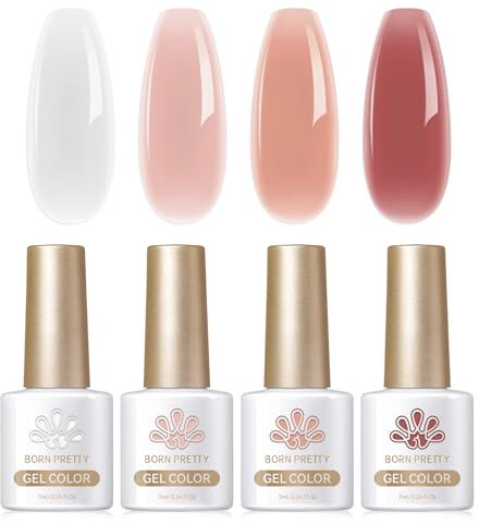 Born Pretty UV Nagellack Jelly Weiß Nude Rosa - Gel Nagellack UV Natur Kristall Transparent UV Lack Pfirsichdunst Serie Maniküre und Nagelkunst DIY zu Hause 4PCS