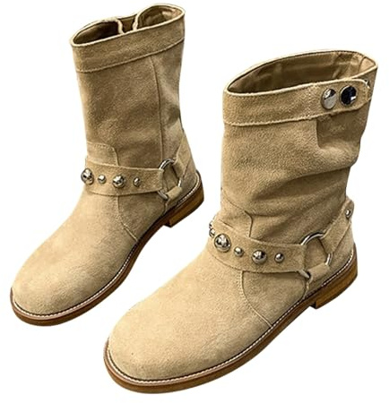 Bottines plates en cuir souple pour femme – Bottes mi-mollet pour femme – Bottes de campagne à franges plates rétro bottines à bout rond ethnique bohème vintage en daim avec pampilles larges, kaki, 39