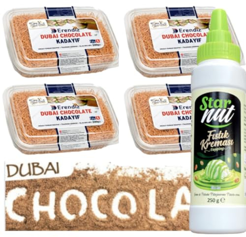 4 unidades de Kadayıf tostado para chocolate Dubai, kadaifi listo para usar tostado, kadaifi, hilo de masa de pelo de ángel, 200 gramos con crema de pistacho, tubo de 250 gramos de Pufai