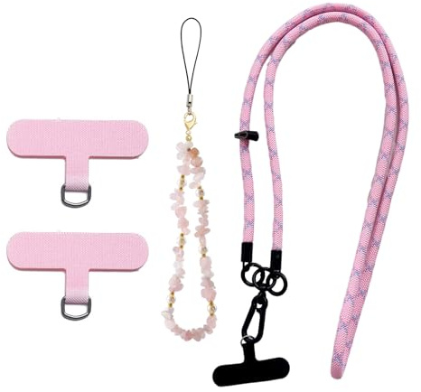 HUANR Handyanhänger Perlen, Naturstein Handyanhänger Kurz, Rosa, Handyarmbandkette, mit 1 Langem Schlüsselband und 3 Abstandshaltern, für Dekorieren von Mobiltelefonen, Kameras, Taschen
