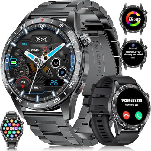 LIGE Smartwatch Herren mit Metallband für Android iOS,1.43'' Amoled Display,110+ Sportmodi,Bluetooth-Anrufe,IP68 Wasserdicht Fitnessuhr mit Herzfrequenz, SpO2, Schlafmonitor,3 Armbänder