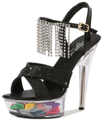 Blissbuilt Mujer Moda Zapatos de Tacón Aguja con Plataforma 13cm,Modelo Pasarela Tacones Altos Mujer Cristal Transparente Stiletto Tacones,Sexy Punta Redonda High Heels con Correas Cruzadas