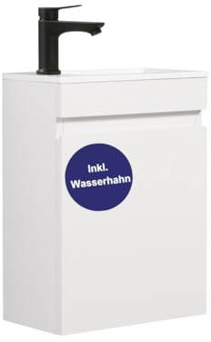 Kometmöbel badrumsmöbler set med handfat 40 cm monterat litet handfat med underskåp (Vithögglans 40cm, Med svart kran)