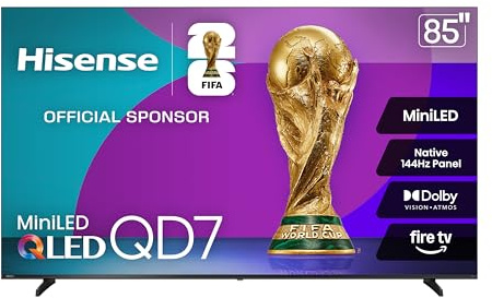 Hisense 85 Class QD7 Series Mini-LED 4K UHD Smart Fire TV (85QD7QF, 2025 Model) - QLED, Native 144hz, HDR10+, Dolby Vision, Dolby Atmos, Game Mode Pro, ALLM, Alexa Built in with Voice Remote, MEMC
