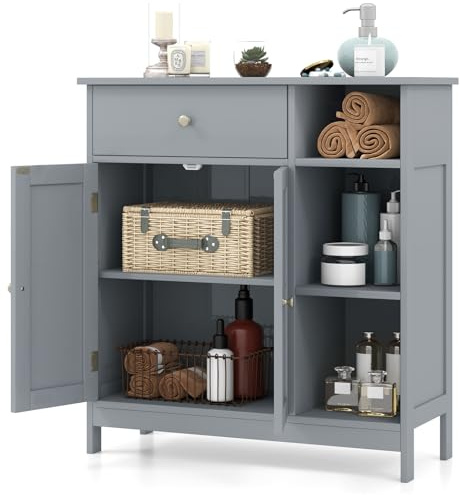 LIFEZEAL Badezimmerschrank, Badschrank mit verstellbarem Regal, Aufbewahrungsschrank mit Schublade & 3 Fächern, Küchenschrank Holz, 75 x 30 x 80 cm, Weiß (Grau)