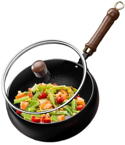 XYUERU Chinese handmade wok, with glass lid, uncoated wrought iron pan, traditional method for gas stove and induction cooker(26cm)