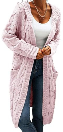 GeGekoko cardigan för kvinnor med huva och öppen framsida, kabelstickade tröjor enfärgade tjocka långa tröjor rockar