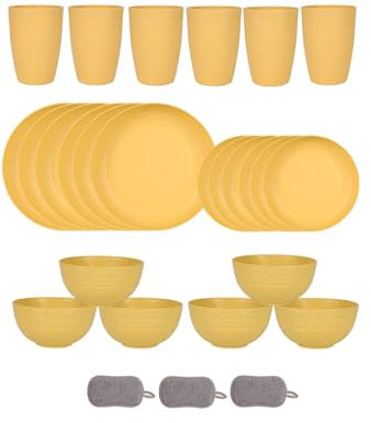 Set di Posate in Plastica da 24 Pezzi Per 6 Persone Ciotole Piatti e Bicchieri Infrangibili Posate da Picnic Colorate e Riutilizzabili Adatto al Microonde e Alla Lavastoviglie (Giallo)