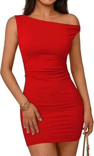 Sukiglam Vestidos de Fiesta Mujer Sexy Asimétrico Un Hombro Vestido Corto Ajustado Elegante Fruncido Mini Vestidos Verano Casual sin Mangas Bodycon Wrap Vestido para Cóctel Noche Clubwear